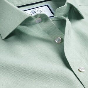Charles Tyrwhitt Light Green Spread Collar Non-Iron Henley Weave Shirt